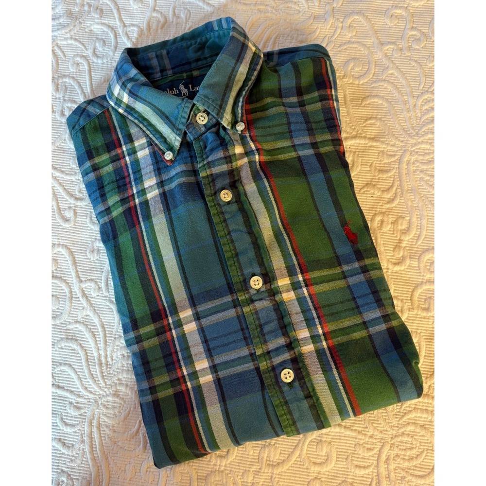 Ralph Lauren Custom Fit Plaid Button Down Shirt Men's Size M Green Blue Red